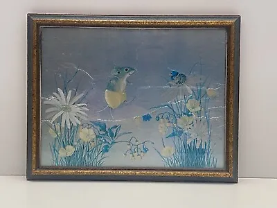 Vintage Metallic Art Framed Foil Picture Anthropomorphic Mouse & Bug Daisies • $19.99