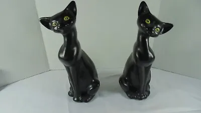 Pair Of Vintage Black Ceramic Cat Figurines W/ Green Eyes Tall Neck EVC MCM • $26.09