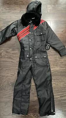 Vintage Snow Snowmobile Suit Ski Suit Made USA Youth 14 Stripe Red Black Hooded • $59.95