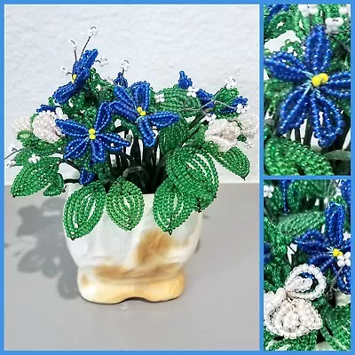 VINTAGE French Seed Beaded Seeded Flowers Wire Purple Blue White W/ Vase ESTATE • $39.95