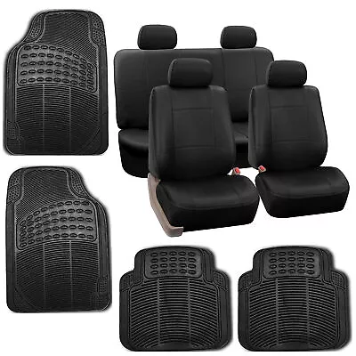 Black Faux Leather Car Seat Cover Set Headrests Floor Mat Set • $44.99