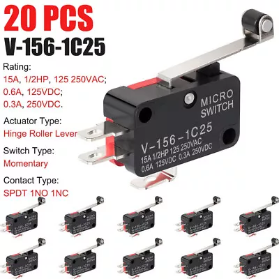 20PCS V-156-1C25 Micro Limit Switch SPDT Long Straight Hinge Roller Momentary US • $13.99