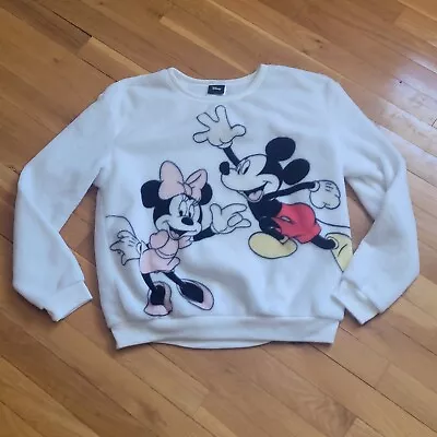 Minnie & Mickey Mouse White Fleece Sweatshirt Womens Disney Sweater Pullover M • $10.99