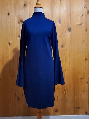 Bodycon Dress Navy Blue Size Large Long Bell Sleeves Gold Zipper  • $13.99