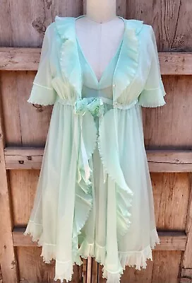 VTG Hollywood PEIGNOIR BABYDOLL Robe Mint Green Lingerie Chiffon Ruffle Negligee • $119