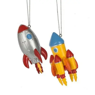 SET OF 2 ROCKET SHIP ORNAMENTS 3  Resin Retro Outer Space Sci Fi Christmas Tree • $19.95