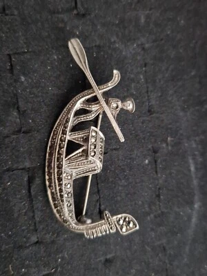 £10 • Buy 925 Sterling Silver Vintage Marcasite Gondola Boat Brooch