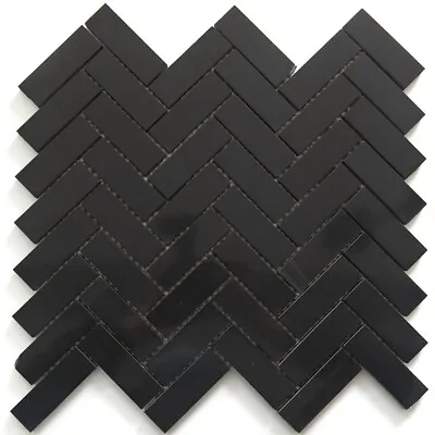 Mosaic Tiles Sheet Black Marble Herringbone Gloss For Walls Floors Baths Kitchen • £14.90