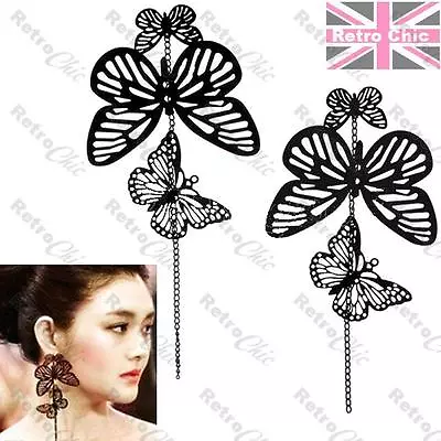 BIG 3 BLACK BUTTERFLY Chandelier EARRINGS Cutout LONG CHAINS Butterflies Dangle  • £2.50