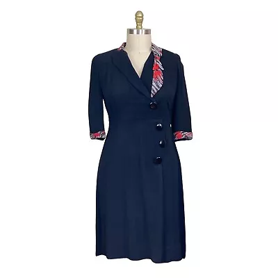 Vintage 1940s Black Crepe Red Accent Dress | 1940s Vintage Black Crepe Dress • $115