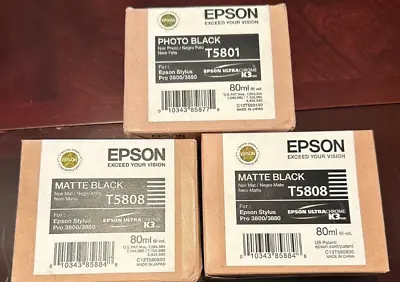 Three Genuine Epson Stylus Pro 3800/3880 Matte Black Ink T5808 • $74.99