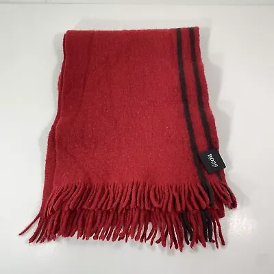 Hugo Boss Wool Scarf Red Black Stripes Fringe Trim Ends 50” Long 9-10” Wide Mens • $24.59