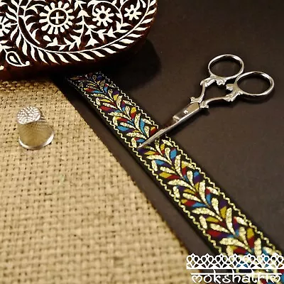 £2 • Buy Rainbow Leaf Black Gold Ribbon Asian Indian Ethnic Jacquard Ribbon Trim MA100