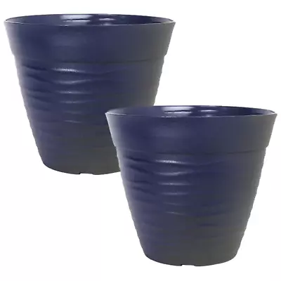 Set Of 2 Matt Blue Plastic Plant Pot 30cm Round Gloss 12L Garden Ripple Planter • £11.95