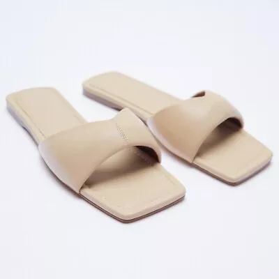 Zara Padded Flat Leather Sandals Slip On Slippers Size 6.5 Beige NWT • $24.99