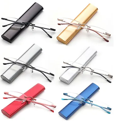 Classic Rimless Compact Reading Glasses Readers Travel Slim Design With Case • $9.95