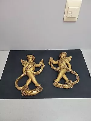 Vintage Gold Cherub Angel Wall Hangings Universal Statuary Chicago Resin 2pc Set • $37.50