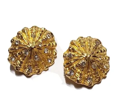 Signed Vintage Norma Jean Bright Gold Rhinestone Seashell Style Clip On Earrings • $22