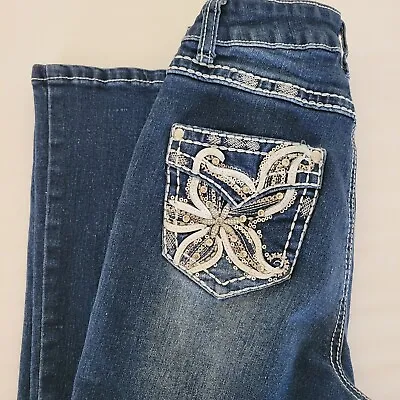 H&Y Women's Jeans Size 3/4 Flare Leg Blinged Out Embellished Blue Denim • $16.99