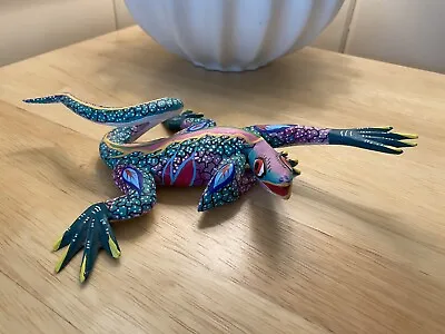 Vintage Mexican Alebrijes Folk Art Carved Wood Happy Lizard Signed By Artist • $54