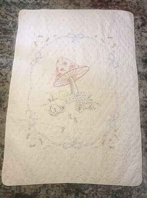 Vintage Hand Embroidered White Quilt Sleeping Baby Mushroom Dog Cat 40 X55  • $14.99