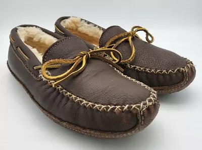 Minnetonka Mens Sheepskin Lined Brown Moose Slippers Leather Laces Size 9 US • $59.99