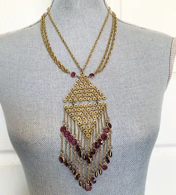 Unsigned Goldette Purple Amethyst Bezel Crystal Necklace VTG Etruscan Revival • $99.99