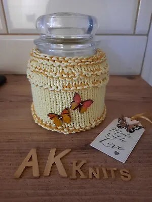 KNITTED  Lemon Ochre Cotton Butterfly Yankee Candle Jar  Cover Unique Gift Idea  • £8
