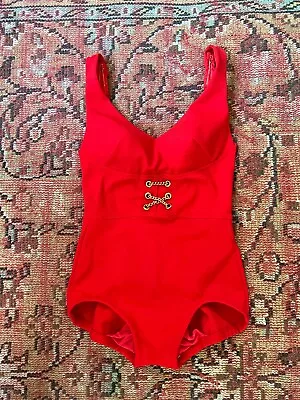 1960s RARE Cole Of California Red One Piece Swimsuit With Gold Chain Lace-up • $95