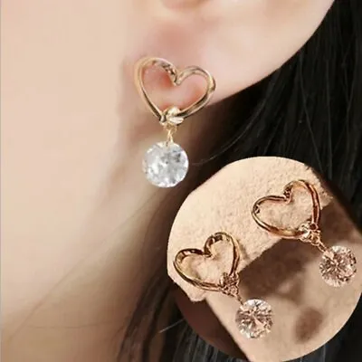 Fashion Gold Plated Heart Zircon Earrings Drop Dangle Ear Stud Women Jewelry • $0.73