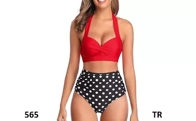 Tempt Me Women Vintage Swimsuit Red Dot Retro Halter Ruched High Waist Bikini M • $25.59