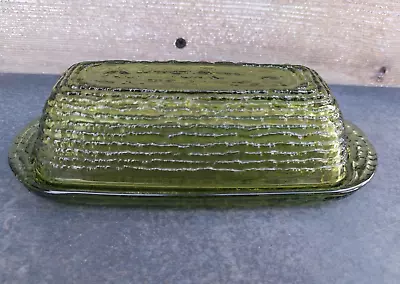 Vintage Anchor Hocking Soreno Avocado Green Covered Butter Dish • $20