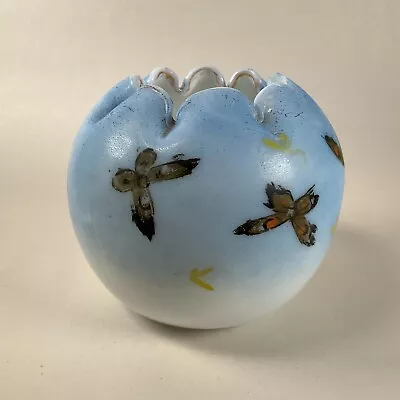 Vintage Rose Bowl Crimped Blue Cased Glass Hand Painted Butterflies • $9.99