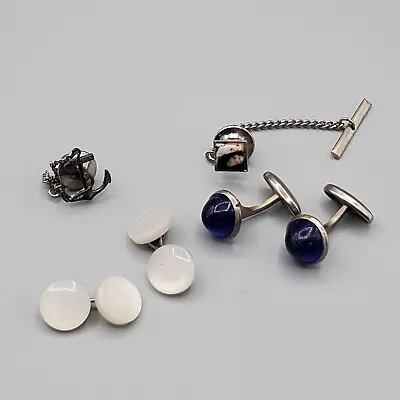 Mens Accessories Lot (2) Cufflink Pairs (2) Tie Tacks Unsigned Silver Tone  • $19.99