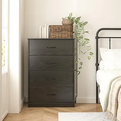 $129.14 • Buy 4 Drawer Dresser Closet Tall Chest Clothes Storage Modern Cabinet Black Oak New