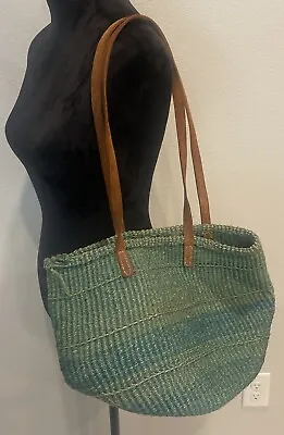 Vtg Sisal Market Jute  Tote Bag Art Woven Raffia Bucket Basket Leather • $45