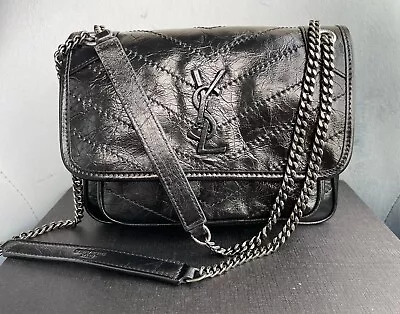 Saint Laurent Crinkled Calfskin Matelasse Monogram Baby Niki Chain Satchel Fog • £499