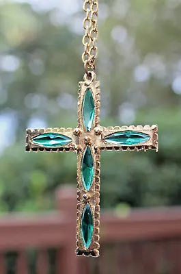 Vintage Large Cross Necklace Green Glass Rhinestones Goldtone Chain Boho 2.5  • $14.99