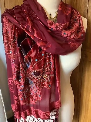 Ruby Red Velvet Silk Devore Beaded Butterfly Shawl Scarf Silk Tassels Sequins • £20