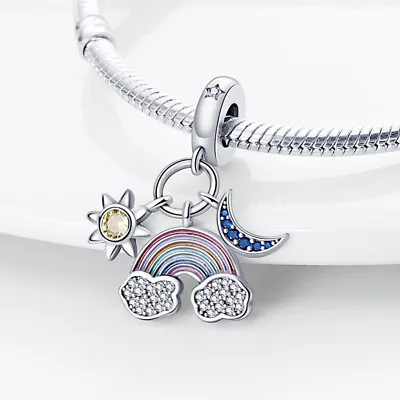 Rainbow Cloud Sun Moon Star Crystal Charm Sterling Silver 925 • £14.99