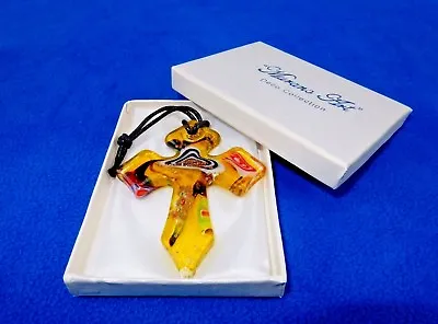 Glass Cross Charm/Pendant Gold/Red/Black Murano Art Glass Gift Box #2914 • $9.95