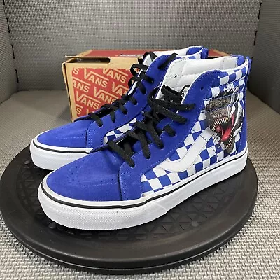 Vans SK8 Hi Zip Sneakers Boys Kids Youth 4 Blue Checkerboard Dinosaur TRex Shoes • $47.95