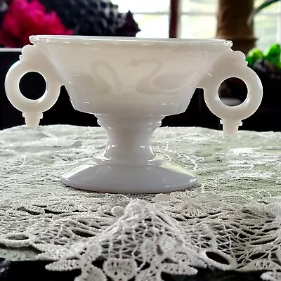 Vtg Milk Glass Decorative Compote Swan Embossed Ring Handles Pedestal Dish Rare! • $24