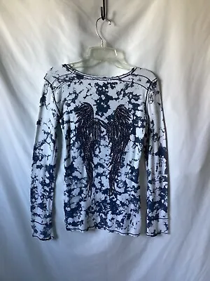 Miss Me Shirt Wings LS Sleeves White/Gray Embezzled Scoop Neckline Shirt Sz XL • $18.99