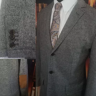 Cremieux Mens Unstructured Blazer Gray Heringbone Size L 46R 3roll2 Elbow Patch • $34.95