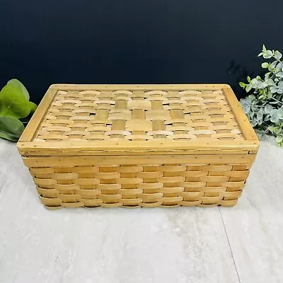 Vintage Wood Woven Handmade Storage Chest With Lid Rectangular Sewing Basket 12” • $35.99