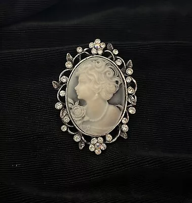 Vintage Cameo Edwardian Brooch Pendant Soft Blue Gray Tones Rhinestones • $20