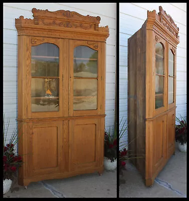 Magnificent OAK CORNER CHINA CABINET CUPBOARD HUTCH Sq Nail 4Dr W Crown Antique • $3250