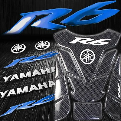 Real Carbon Fiber Custom Tank Pad+6  Logo&Letter+Blue YZF-R6/R6S Emblem Sticker • $39.77