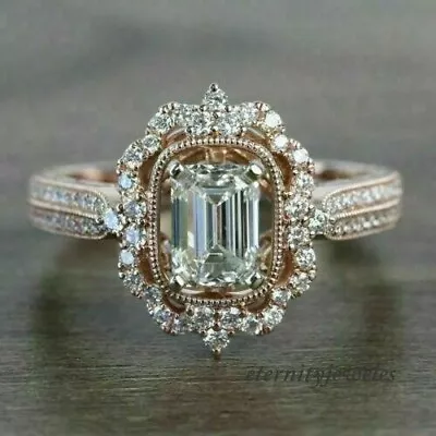 2CT Emerald Cut Lab-Created Diamond Vintage Art Deco Halo Ring 14K Rose Gold FN! • $143.76